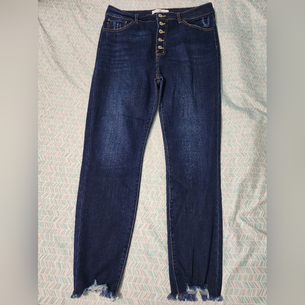 KanCan Dark Indigo Ankle Jeans with Distressed Hem